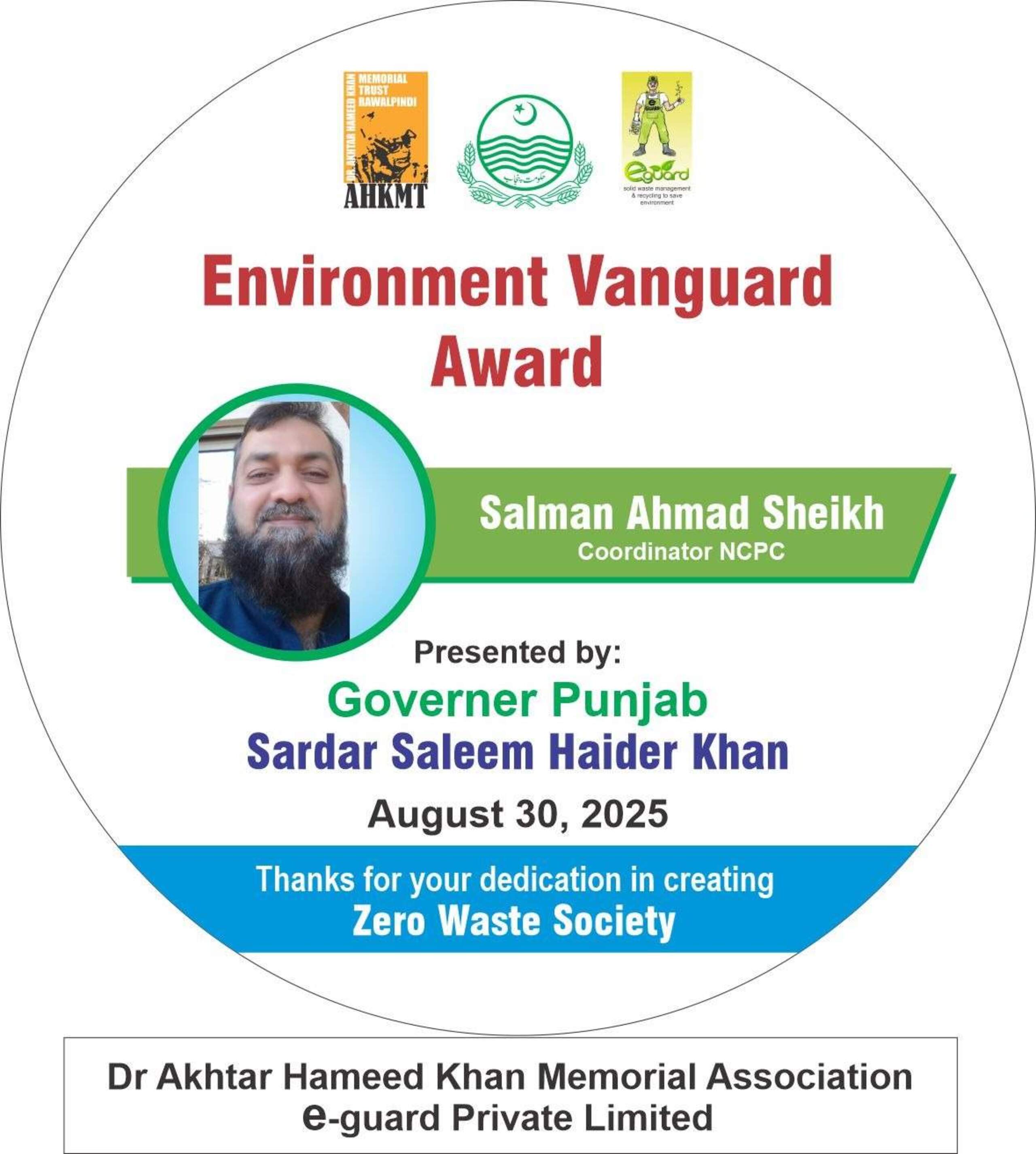 Environment Vanguard Award” conferred to Coordinator NCPC by Governor of Punjab